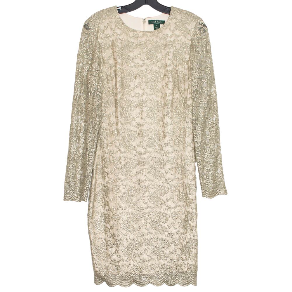 Lauren Ralph Lauren Dress Floral Lace Cocktail Formal Party Holiday Metallic 8